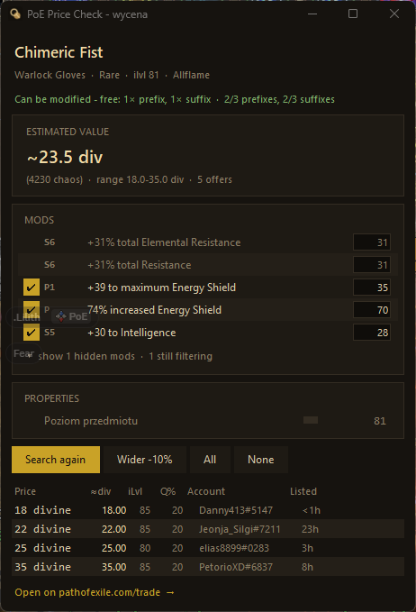 El panel de resultados con el valor estimado, los mods reconocidos y las ofertas actuales del mercado